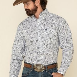 Men's white paisley print long sleeve shirt
